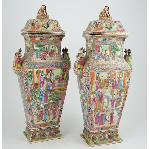 152 - A pair of large Chinese square baluster vases and covers, Daoguang period, c.1830, each finely paint... 