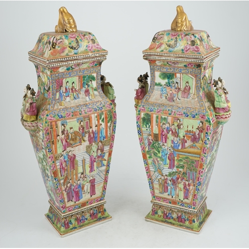 152 - A pair of large Chinese square baluster vases and covers, Daoguang period, c.1830, each finely paint... 