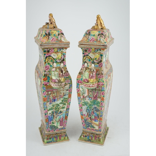 152 - A pair of large Chinese square baluster vases and covers, Daoguang period, c.1830, each finely paint... 