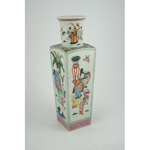 159 - A tall Chinese famille rose square section vase, 19th century, finely painted with ladies and boys w... 