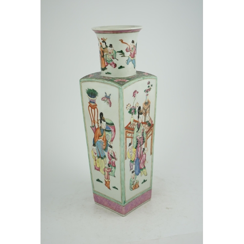 159 - A tall Chinese famille rose square section vase, 19th century, finely painted with ladies and boys w... 