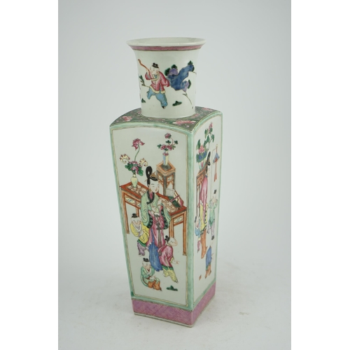 159 - A tall Chinese famille rose square section vase, 19th century, finely painted with ladies and boys w... 