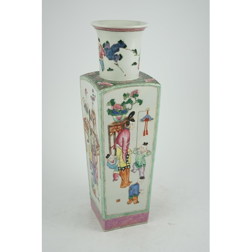 159 - A tall Chinese famille rose square section vase, 19th century, finely painted with ladies and boys w... 