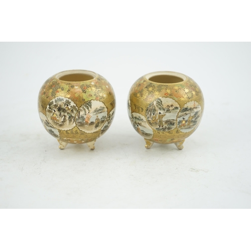 16 - A pair of Japanese Satsuma globular koros, Meiji period, each painted with figures in chrysanthemum ... 