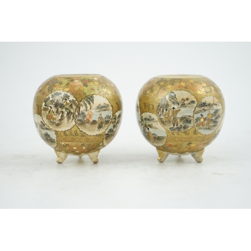 16 - A pair of Japanese Satsuma globular koros, Meiji period, each painted with figures in chrysanthemum ... 