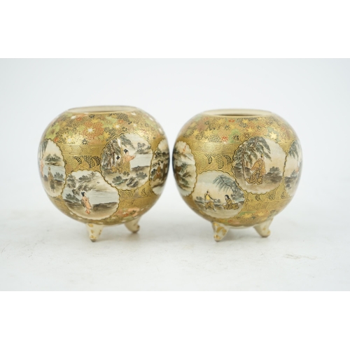 16 - A pair of Japanese Satsuma globular koros, Meiji period, each painted with figures in chrysanthemum ... 