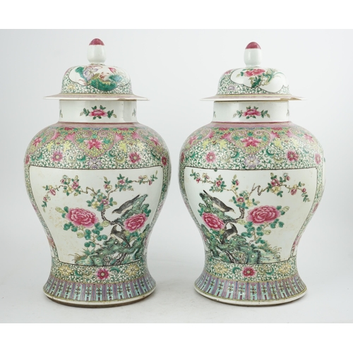 162 - A pair of large Chinese famille rose baluster jars and covers, Qianlong seal mark, but late 19th cen... 