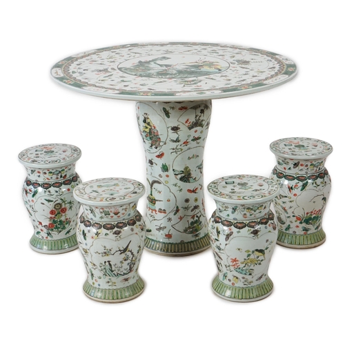 164 - CORRECTION LATE 20th century, A large Chinese famille verte pedestal table and four matching stools,... 