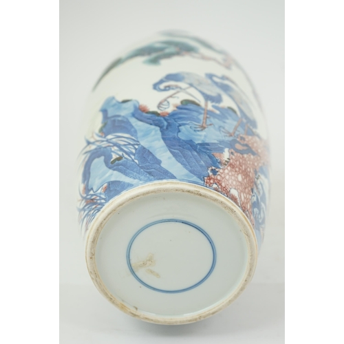 169 - An unusual Chinese underglaze blue and copper red longevity vase, 19th century, of elongated ovoid... 