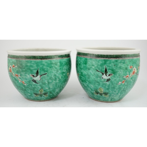 170 - A pair of Chinese famille verte green ground jardinieres, Kangxi marks, but late 19th century, each ... 