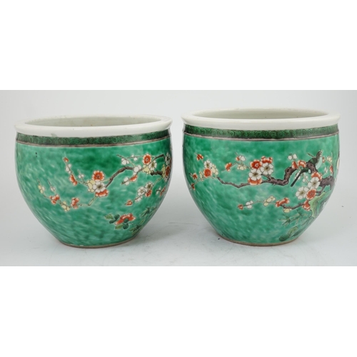 170 - A pair of Chinese famille verte green ground jardinieres, Kangxi marks, but late 19th century, each ... 