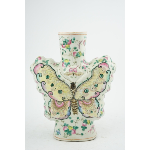 171 - An unusual Chinese famille rose butterfly-shaped vase, late 19th century, the body modelled as a yel... 