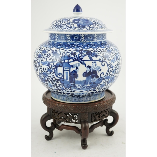 173 - A Chinese blue and white jar and cover, Shunzhi mark but Guangxu period, painted with dignitaries by... 