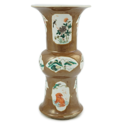 174 - A Chinese cafe-au-lait ground beaker vase, gu, 19th century, painted in famille verte palette with b... 