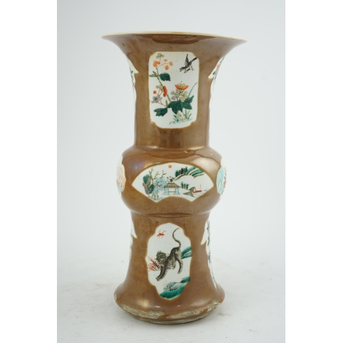 174 - A Chinese cafe-au-lait ground beaker vase, gu, 19th century, painted in famille verte palette with b... 