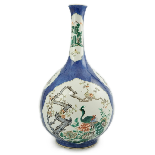 175 - A large Chinese powder blue ground bottle vase, 19th century, painted in famille verte palette to sh... 