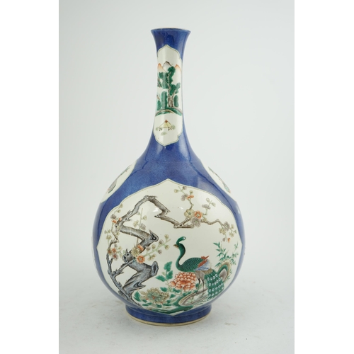 175 - A large Chinese powder blue ground bottle vase, 19th century, painted in famille verte palette to sh... 