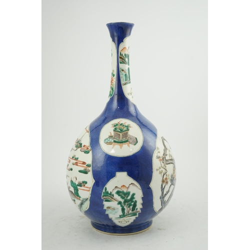 175 - A large Chinese powder blue ground bottle vase, 19th century, painted in famille verte palette to sh... 