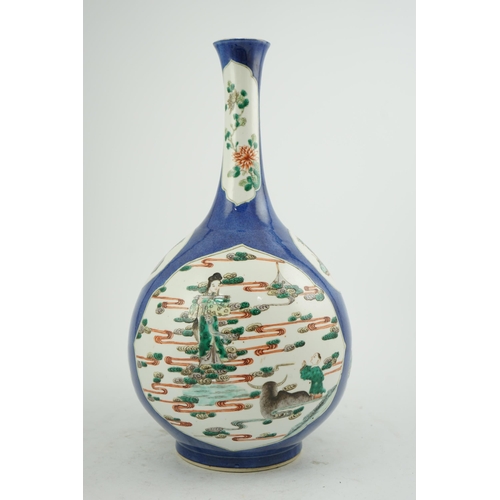 175 - A large Chinese powder blue ground bottle vase, 19th century, painted in famille verte palette to sh... 