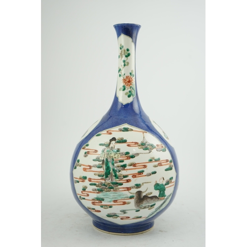 175 - A large Chinese powder blue ground bottle vase, 19th century, painted in famille verte palette to sh... 