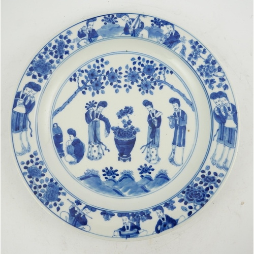 177 - A Chinese blue and white 'ladies' plate, Kangxi mark, 19th century, painted with four ladies in a ga... 