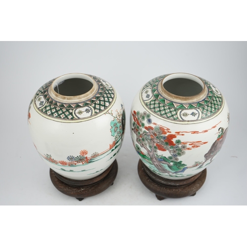 180 - A pair of large Chinese famille verte globular jars and covers, early 20th century, each painted wit... 