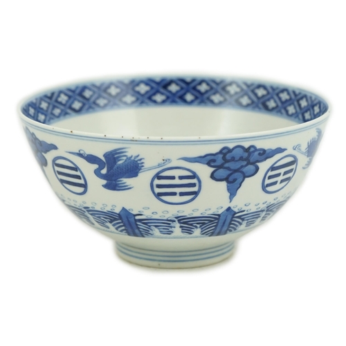 182 - A Chinese blue and white eight trigrams bowl, Daoguang mark, probably c.1900, the exterior painted w... 