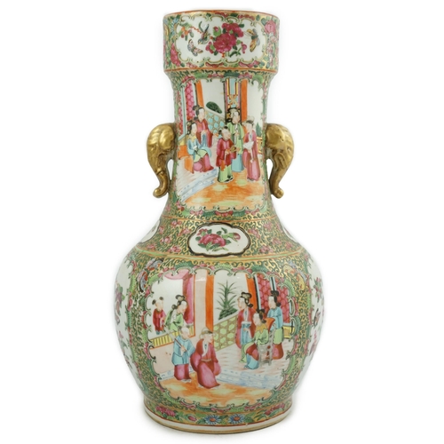 184 - A Chinese famille rose two handled vase, mid 19th century, of unusual shape, the cylindrical neck ap... 