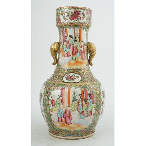 184 - A Chinese famille rose two handled vase, mid 19th century, of unusual shape, the cylindrical neck ap... 