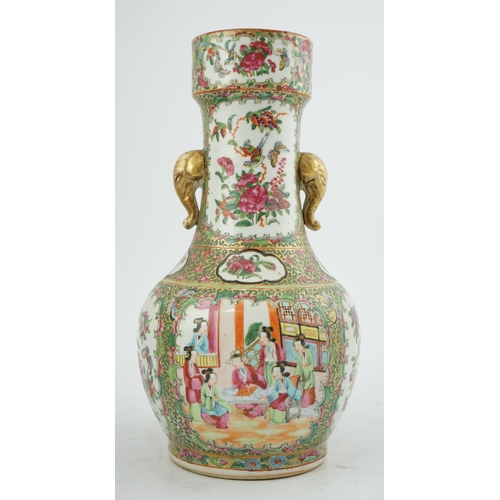 184 - A Chinese famille rose two handled vase, mid 19th century, of unusual shape, the cylindrical neck ap... 