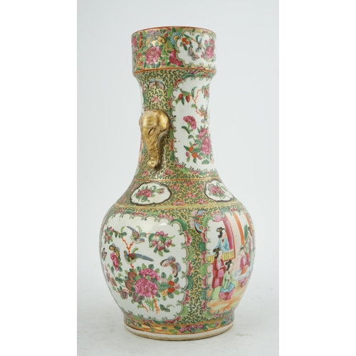 184 - A Chinese famille rose two handled vase, mid 19th century, of unusual shape, the cylindrical neck ap... 