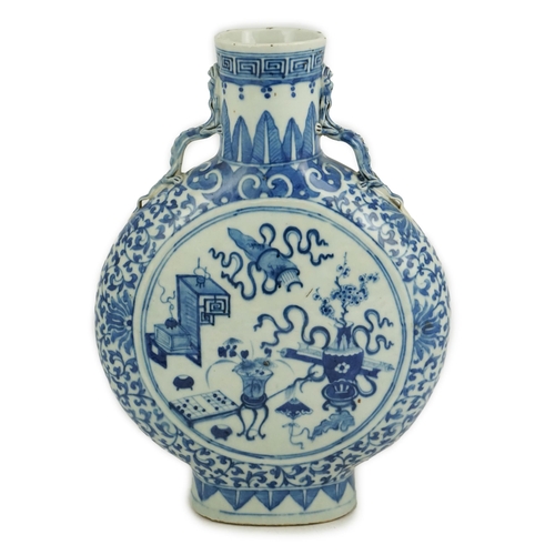 185 - A large Chinese blue and white moonflask, bianhu, 19th century, each side painted with Hundred Antiq... 