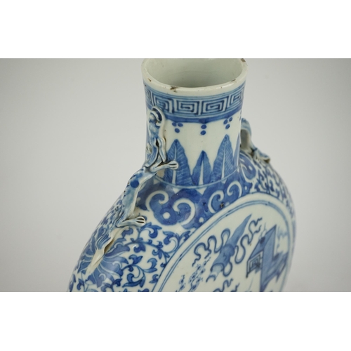 185 - A large Chinese blue and white moonflask, bianhu, 19th century, each side painted with Hundred Antiq... 