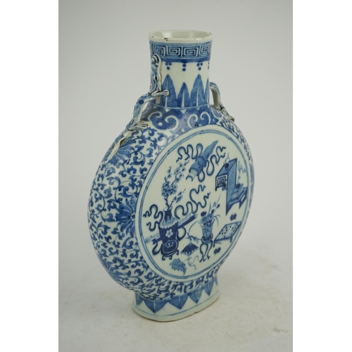 185 - A large Chinese blue and white moonflask, bianhu, 19th century, each side painted with Hundred Antiq... 