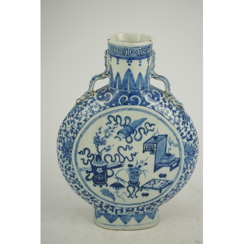 185 - A large Chinese blue and white moonflask, bianhu, 19th century, each side painted with Hundred Antiq... 