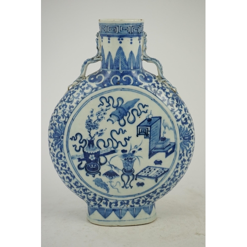 185 - A large Chinese blue and white moonflask, bianhu, 19th century, each side painted with Hundred Antiq... 