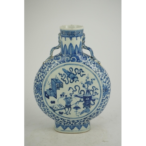 185 - A large Chinese blue and white moonflask, bianhu, 19th century, each side painted with Hundred Antiq... 