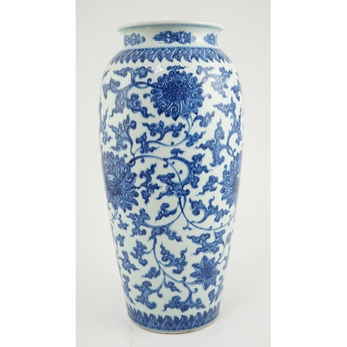 187 - A large Chinese blue and white 'lotus' vase, late Qing dynasty, painted with lotus flowers, scrollin... 