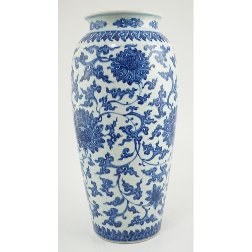 187 - A large Chinese blue and white 'lotus' vase, late Qing dynasty, painted with lotus flowers, scrollin... 