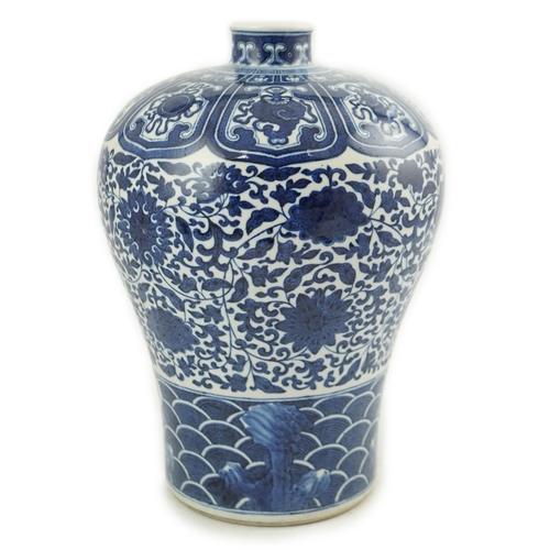 190 - A Chinese blue and white meiping, Qianlong mark, early 20th century, painted with the eight Buddhist... 