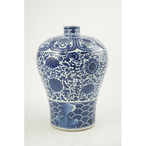 190 - A Chinese blue and white meiping, Qianlong mark, early 20th century, painted with the eight Buddhist... 