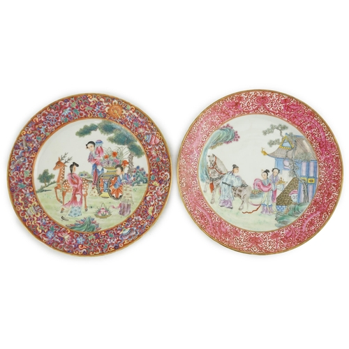 195 - Two fine Chinese famille rose plates, Republic period, the first painted with ladies in a garden loa... 