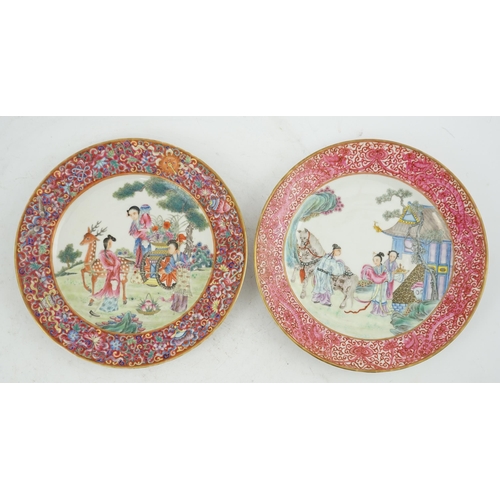 195 - Two fine Chinese famille rose plates, Republic period, the first painted with ladies in a garden loa... 