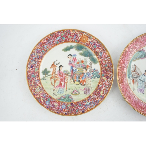 195 - Two fine Chinese famille rose plates, Republic period, the first painted with ladies in a garden loa... 