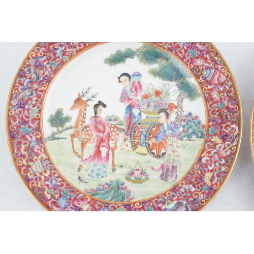 195 - Two fine Chinese famille rose plates, Republic period, the first painted with ladies in a garden loa... 