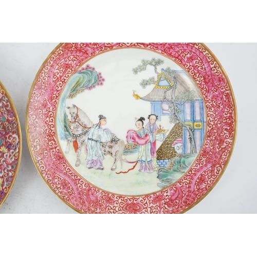 195 - Two fine Chinese famille rose plates, Republic period, the first painted with ladies in a garden loa... 