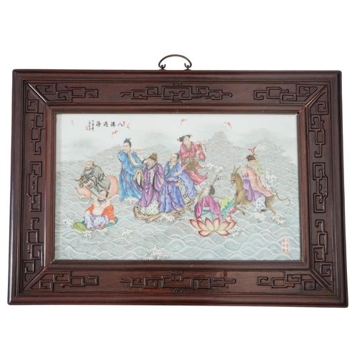 197 - A large Chinese enamelled porcelain eight immortals plaque, late 20th century, the plaque 34cm x 5... 