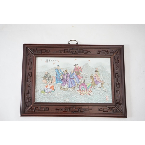 197 - A large Chinese enamelled porcelain eight immortals plaque, late 20th century, the plaque 34cm x 5... 