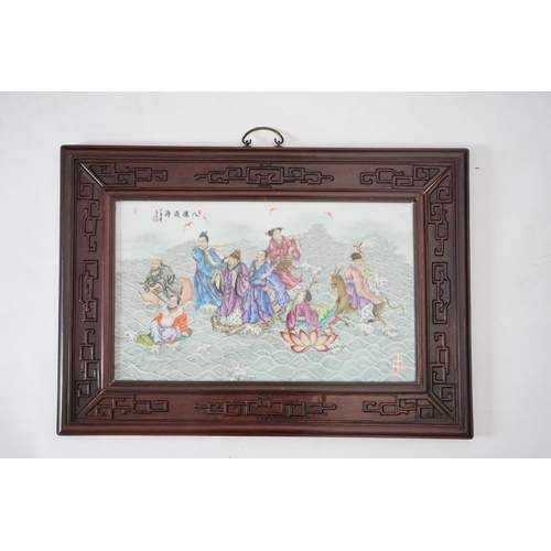 197 - A large Chinese enamelled porcelain eight immortals plaque, late 20th century, the plaque 34cm x 5... 