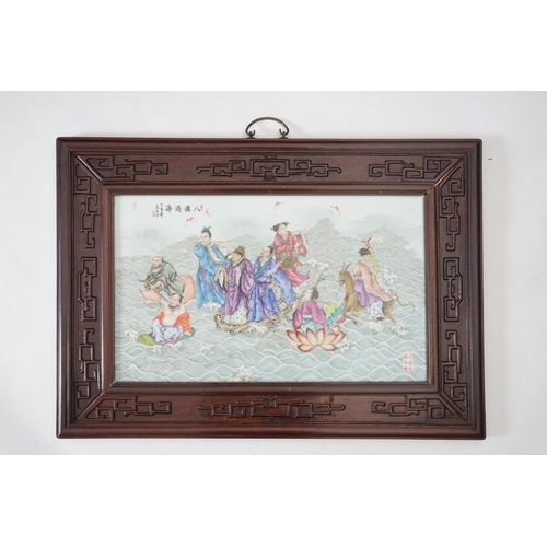 197 - A large Chinese enamelled porcelain eight immortals plaque, late 20th century, the plaque 34cm x 5... 